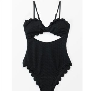 Black Knotted Scalloped One Piece Swimsuit